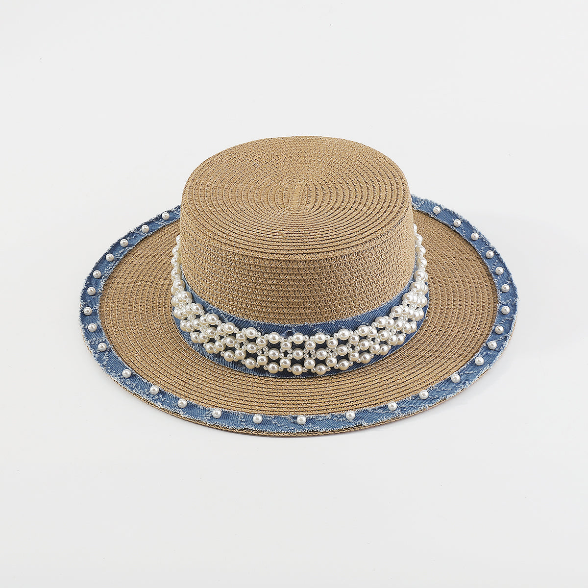 Q0125 Summer Straw Sun Hats With Pearl Wide Brim Hat