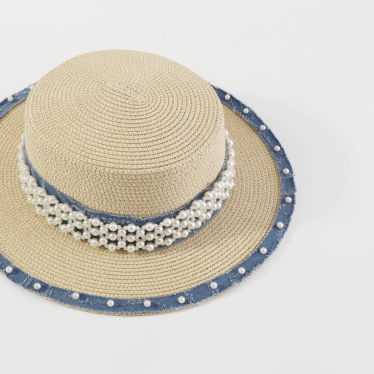 Q0125 Summer Straw Sun Hats With Pearl Wide Brim Hat