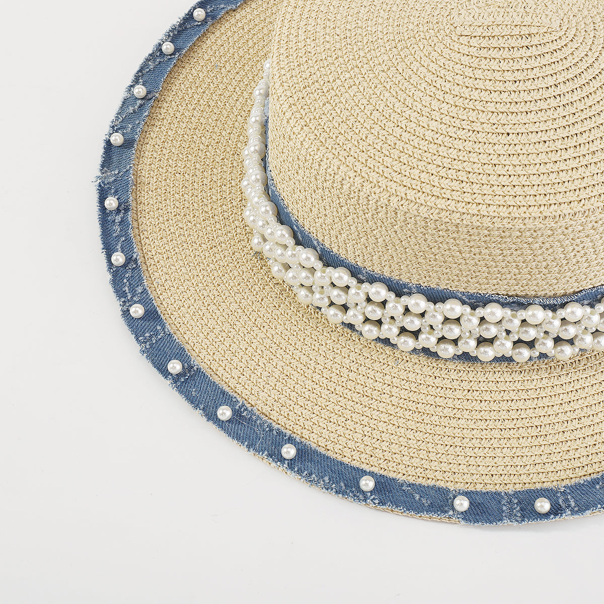 Q0125 Summer Straw Sun Hats With Pearl Wide Brim Hat