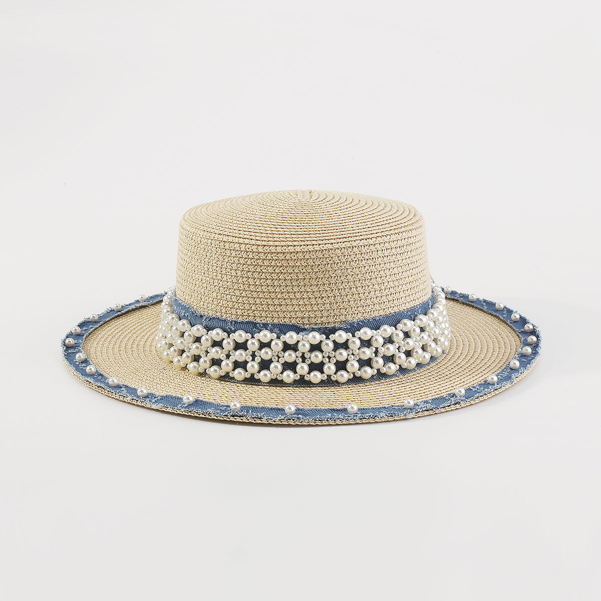 Q0125 Summer Straw Sun Hats With Pearl Wide Brim Hat