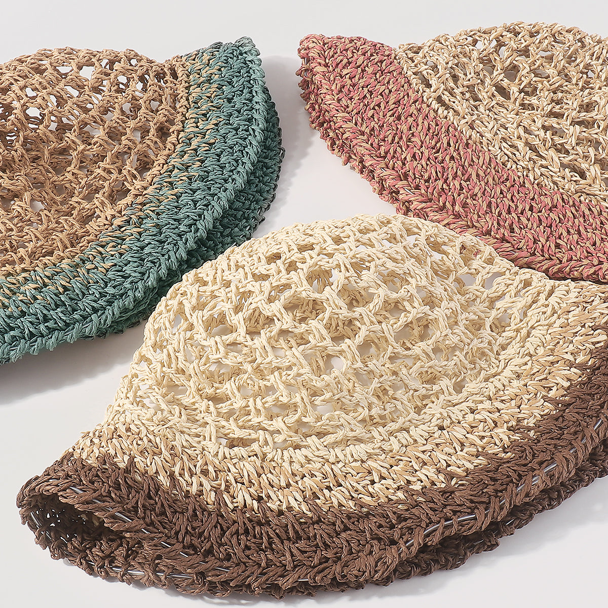 Q0162 Wave Crochet Raffia Bucket Hat with Strap
