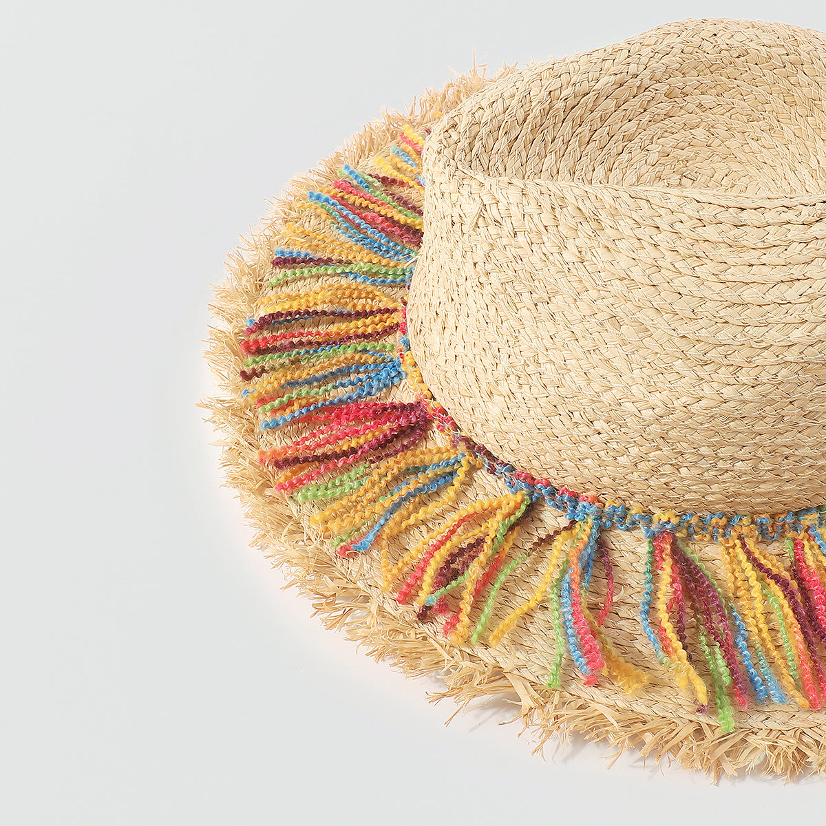 Q0175 Rainbow Tassel Fray-Hem Sun Hat