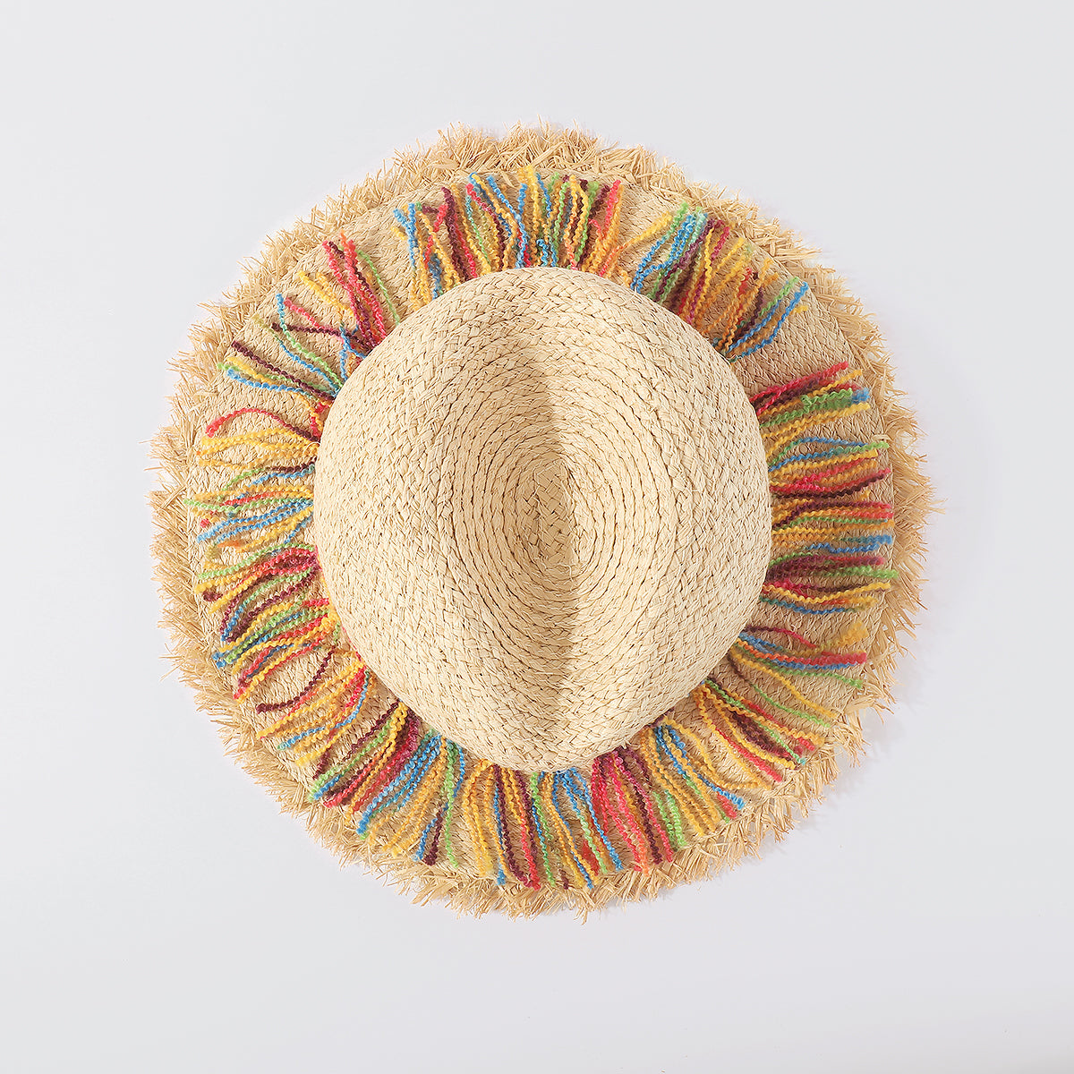 Q0175 Rainbow Tassel Fray-Hem Sun Hat