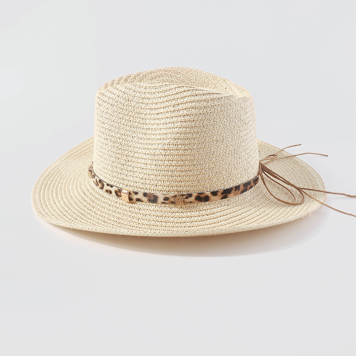 Q0179 Panama Soft Wide Brim w/Leopard Leather Straw Hat