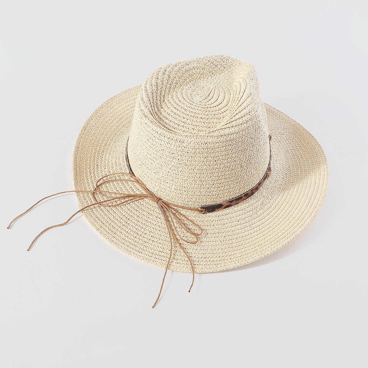 Q0179 Panama Soft Wide Brim w/Leopard Leather Straw Hat