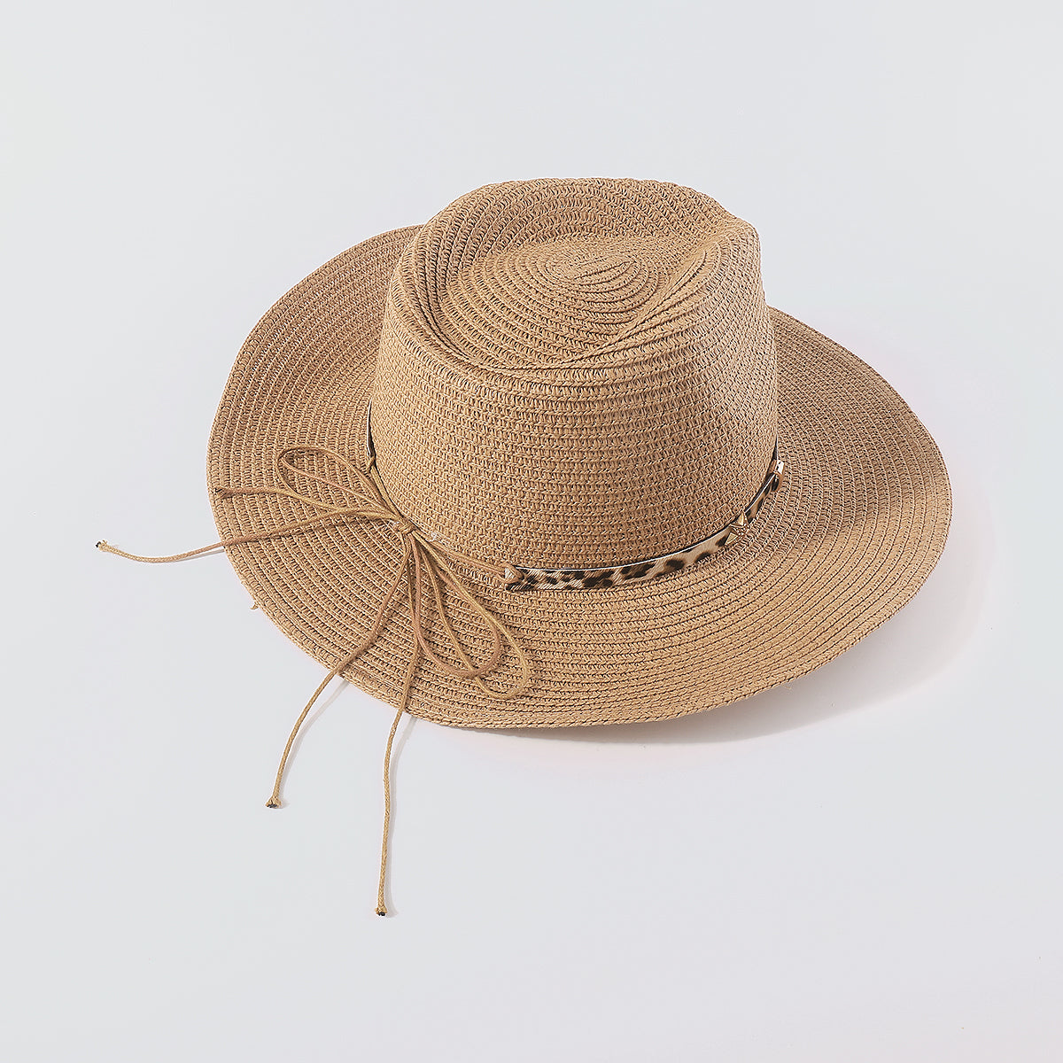 Q0179 Panama Soft Wide Brim w/Leopard Leather Straw Hat