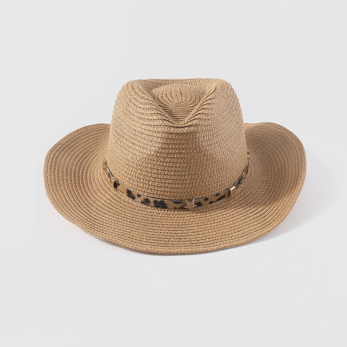 Q0179 Panama Soft Wide Brim w/Leopard Leather Straw Hat