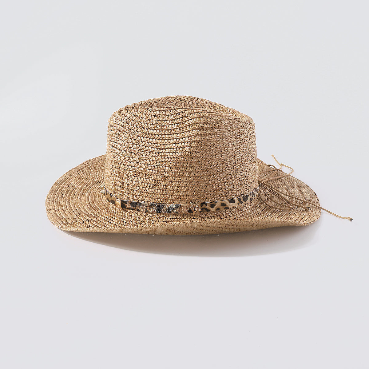 Q0179 Panama Soft Wide Brim w/Leopard Leather Straw Hat