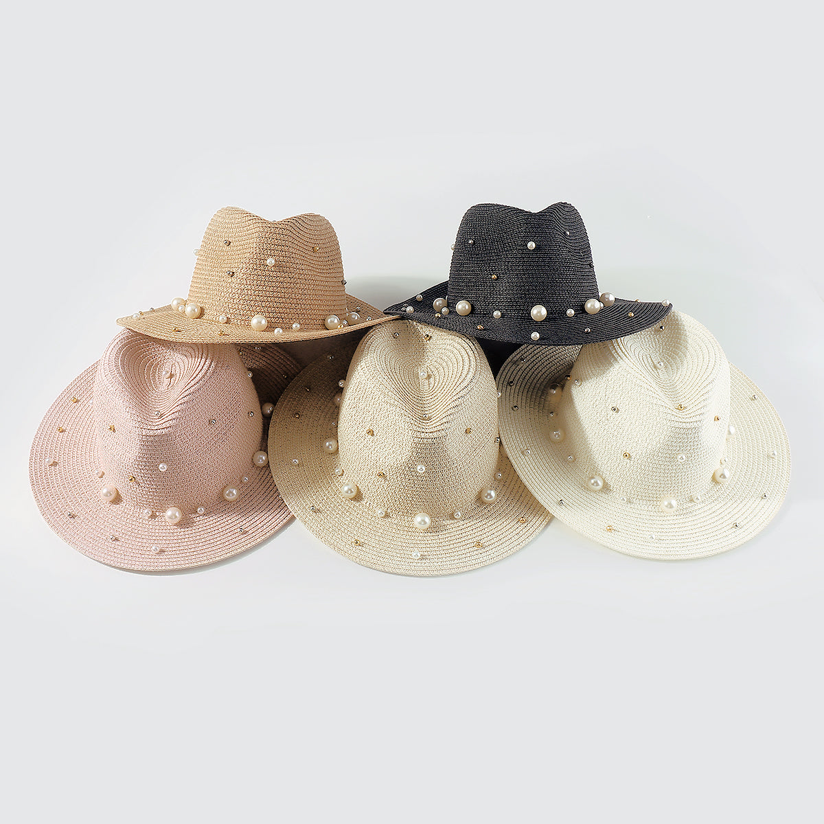 Q0206 Pearl Beads Raffia Fedora Sun Hats