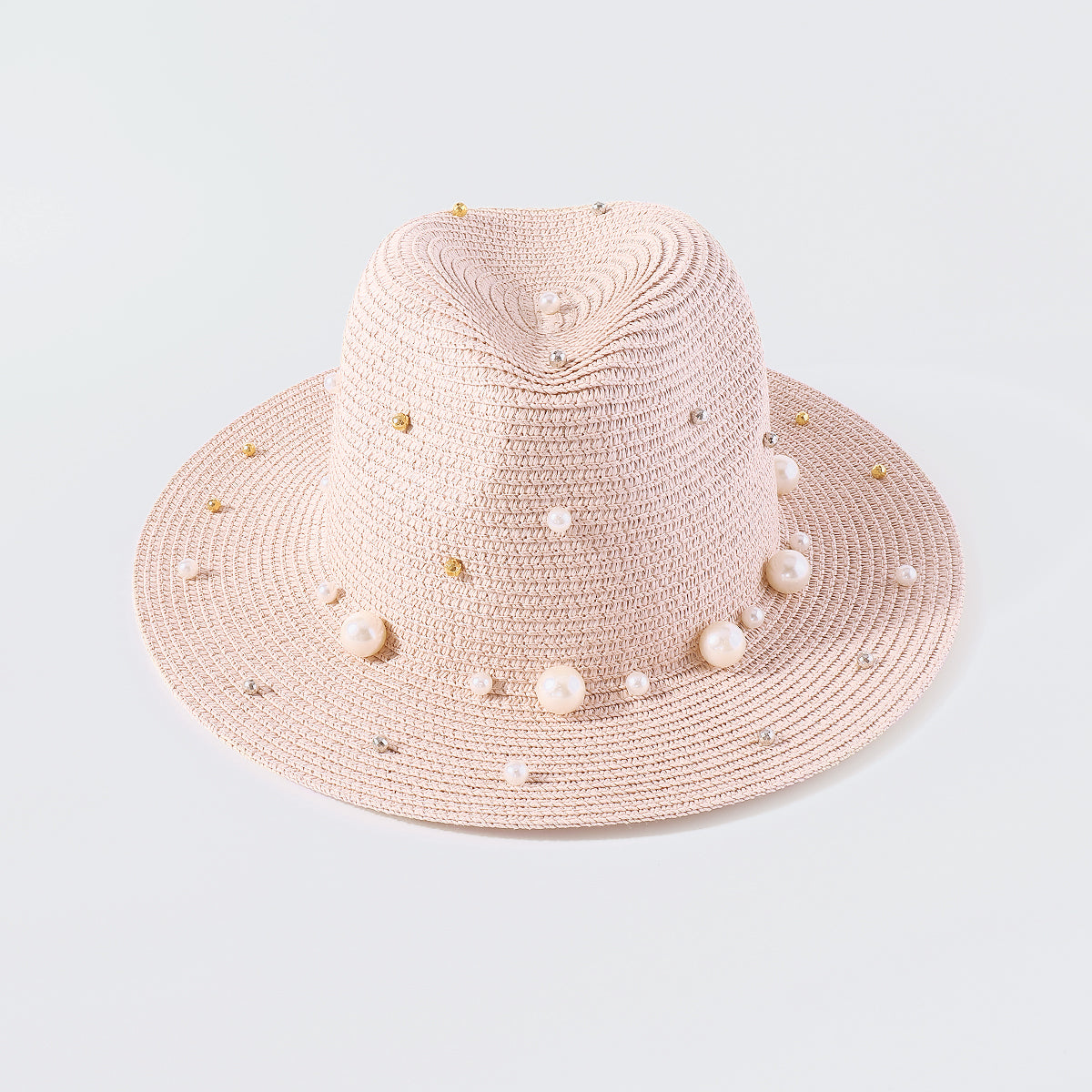 Q0206 Pearl Beads Raffia Fedora Sun Hats