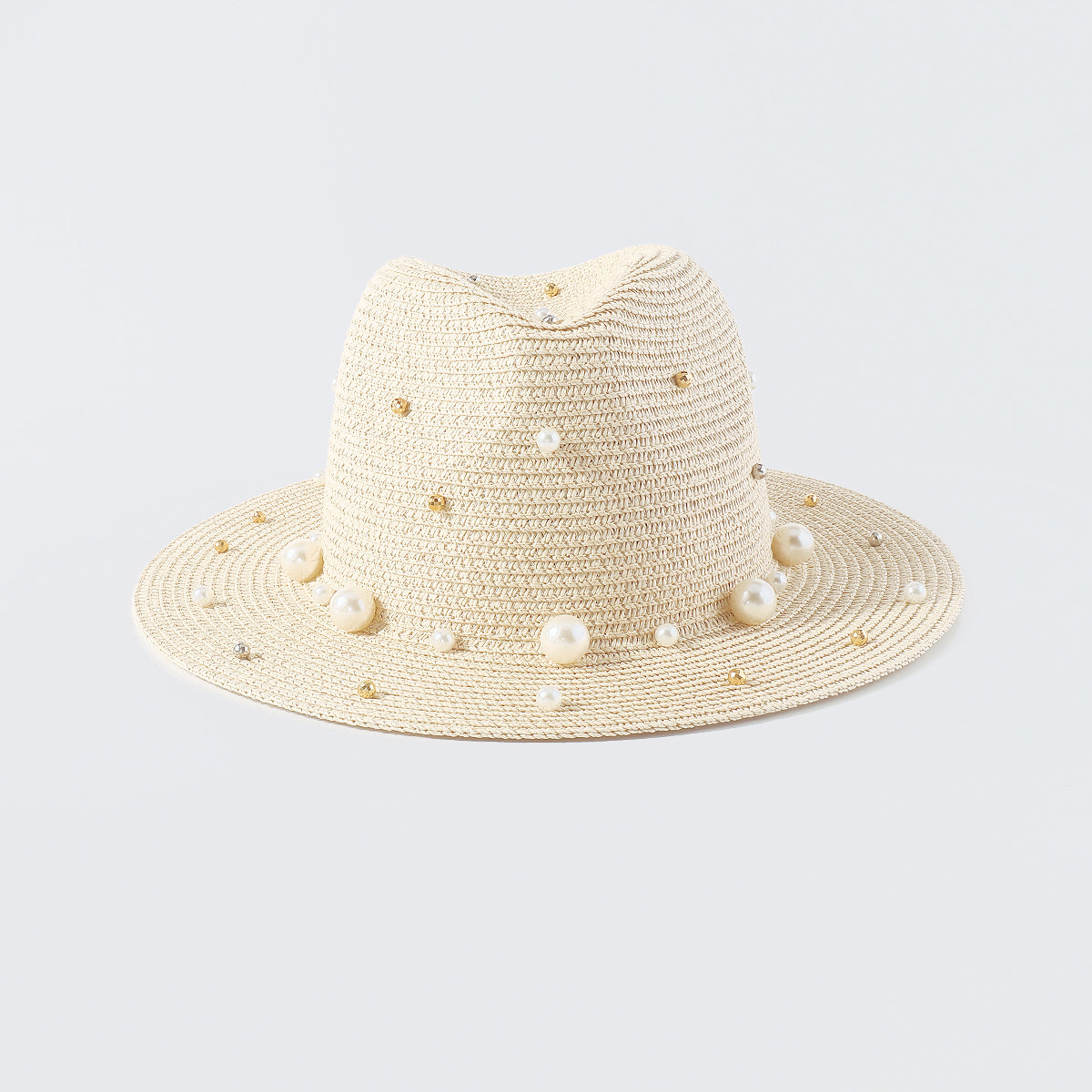 Q0206 Pearl Beads Raffia Fedora Sun Hats