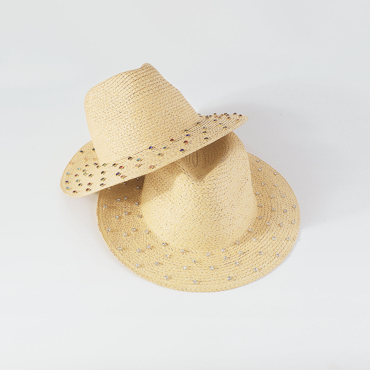 Q0212 Rainbow Rhinestone Brim Raffia Fedora Sun Hats