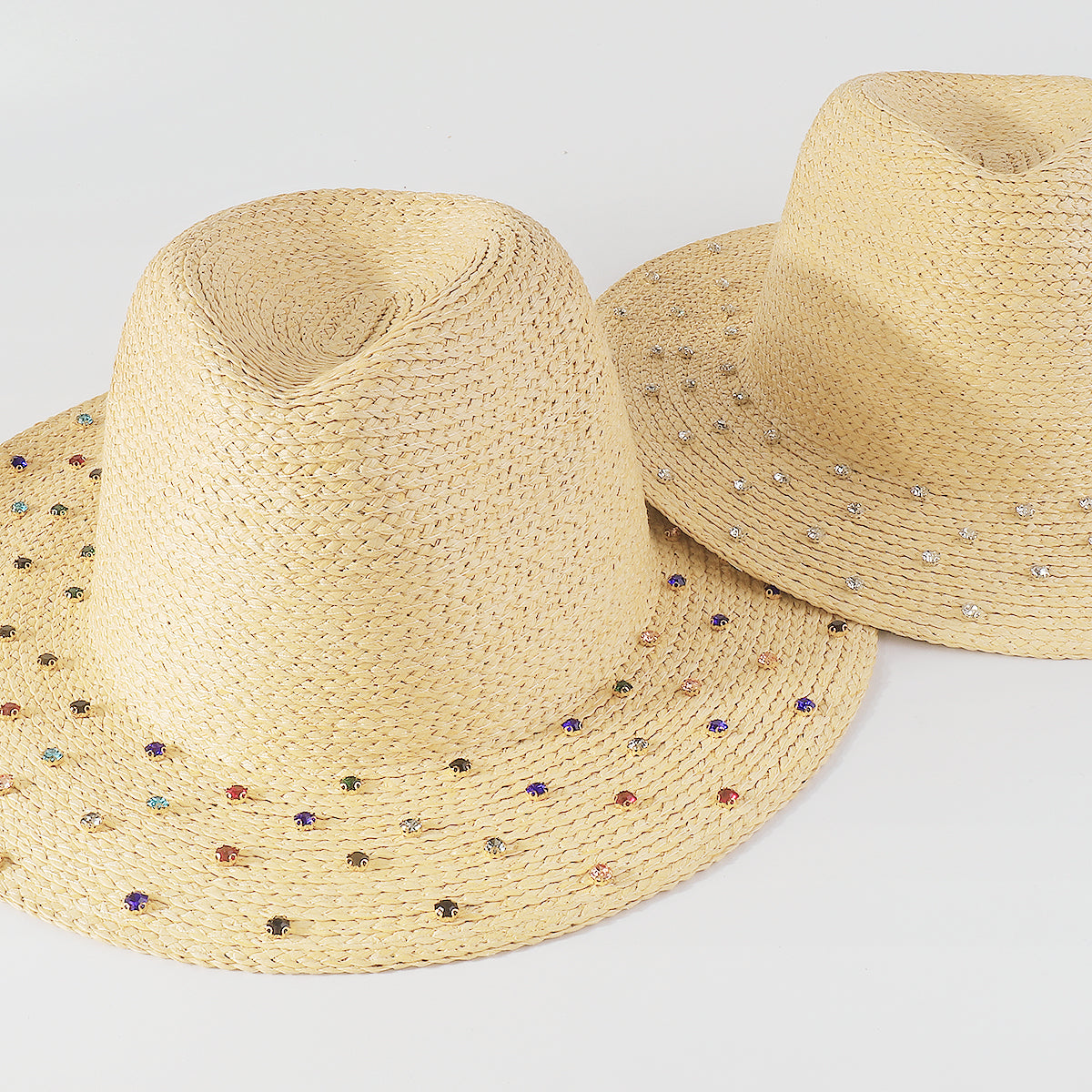 Q0212 Rainbow Rhinestone Brim Raffia Fedora Sun Hats