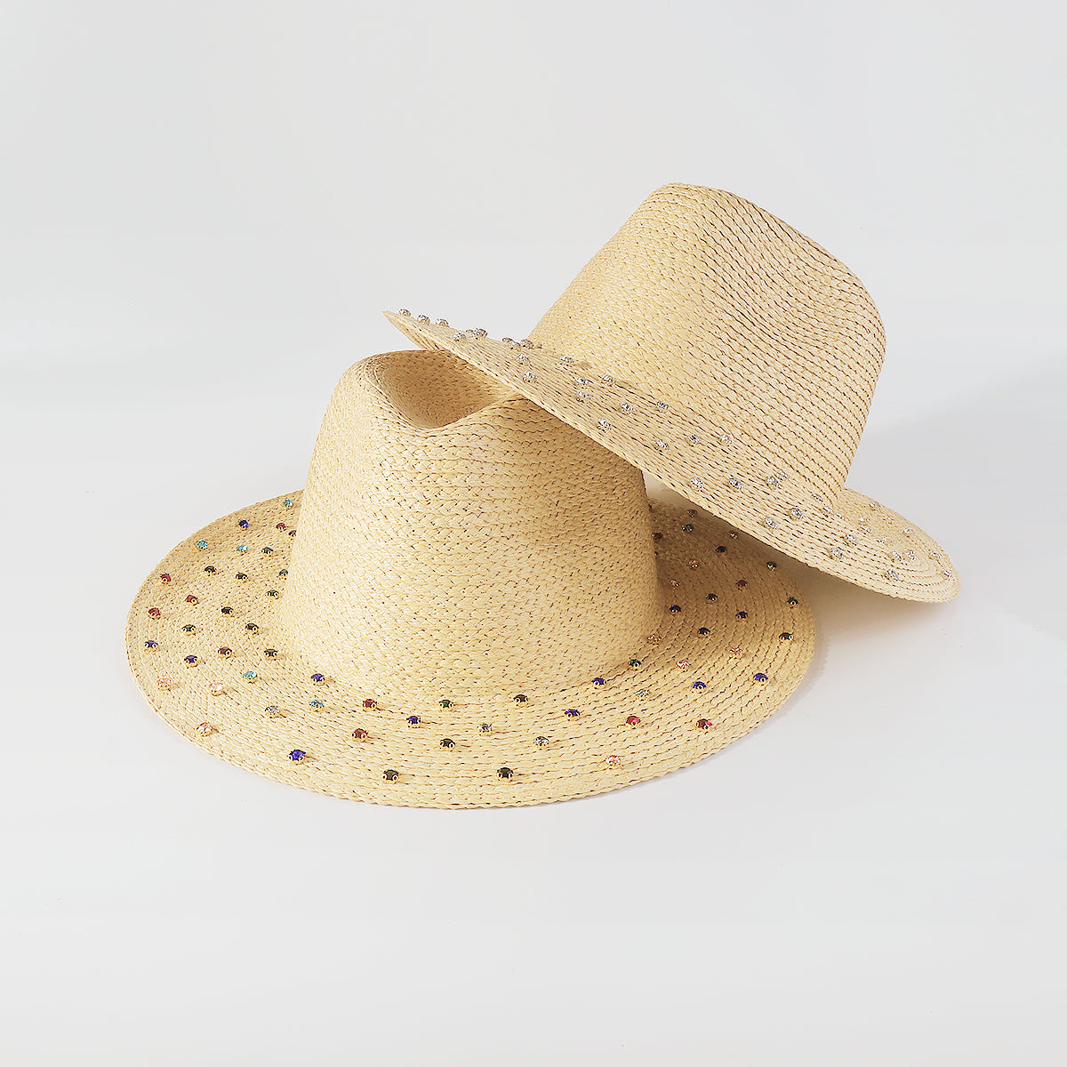 Q0212 Rainbow Rhinestone Brim Raffia Fedora Sun Hats