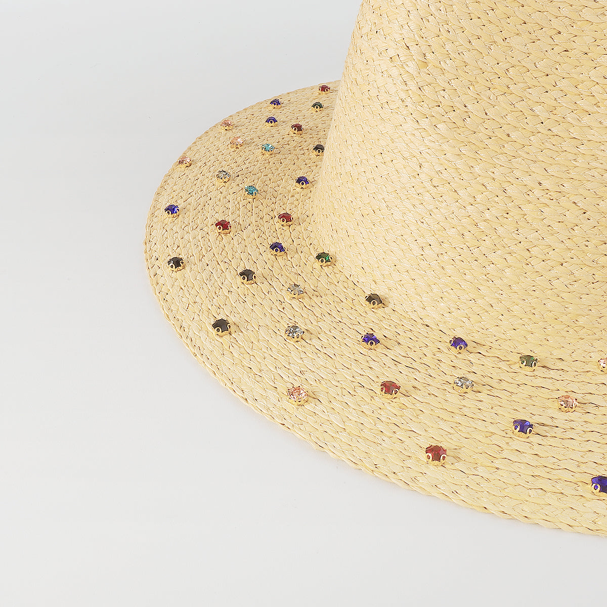 Q0212 Rainbow Rhinestone Brim Raffia Fedora Sun Hats
