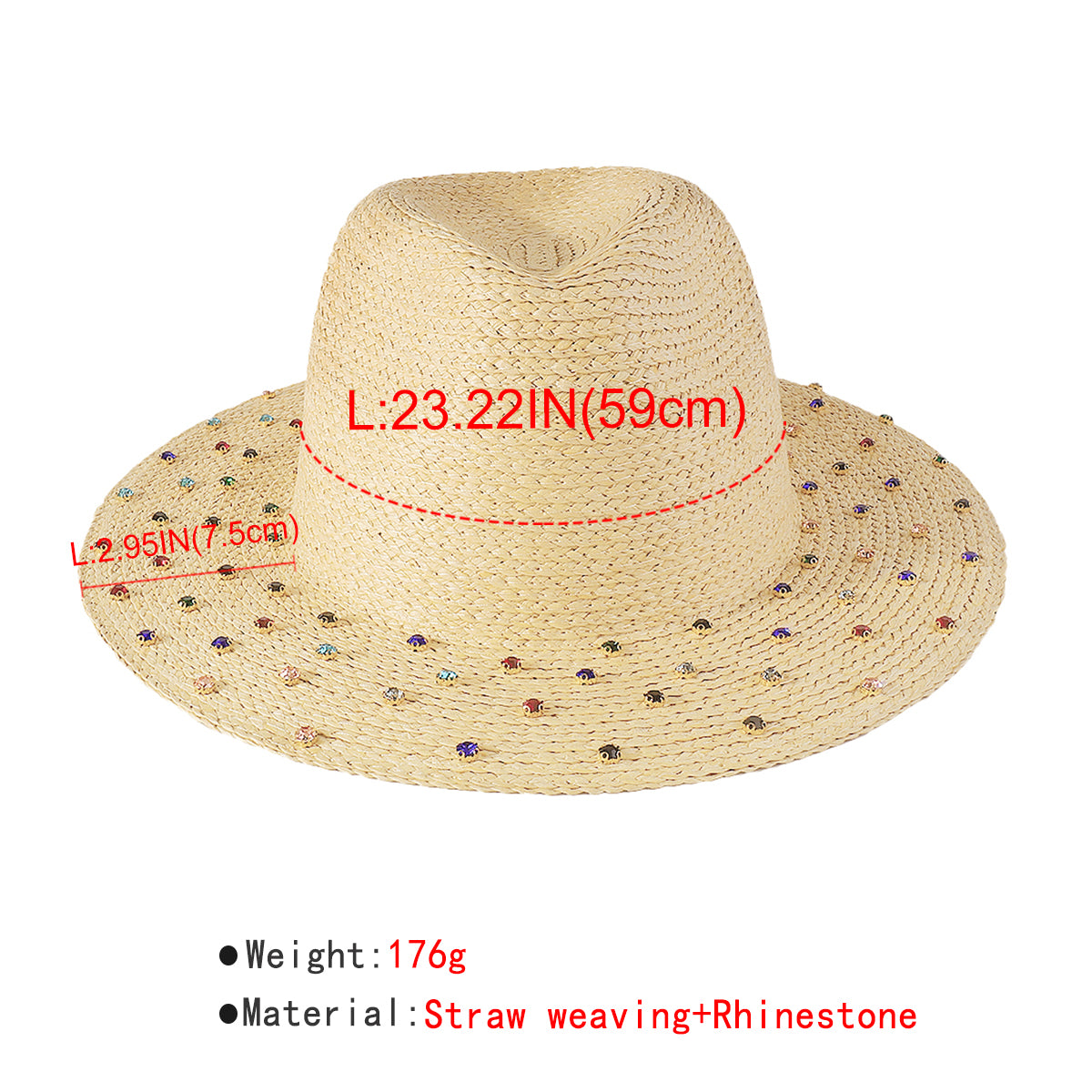 Q0212 Rainbow Rhinestone Brim Raffia Fedora Sun Hats