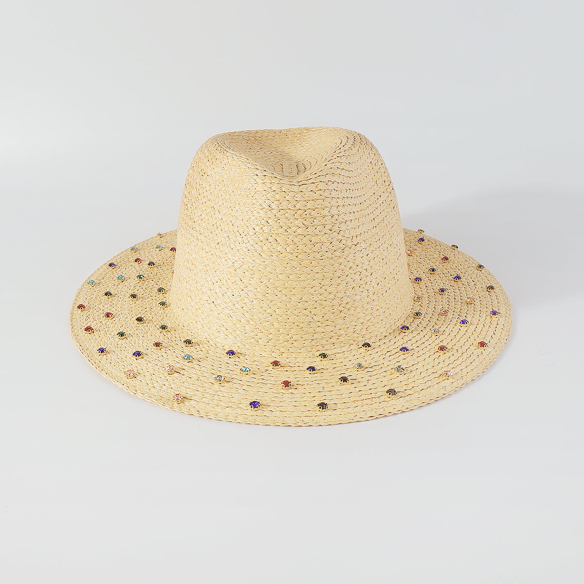 Q0212 Rainbow Rhinestone Brim Raffia Fedora Sun Hats
