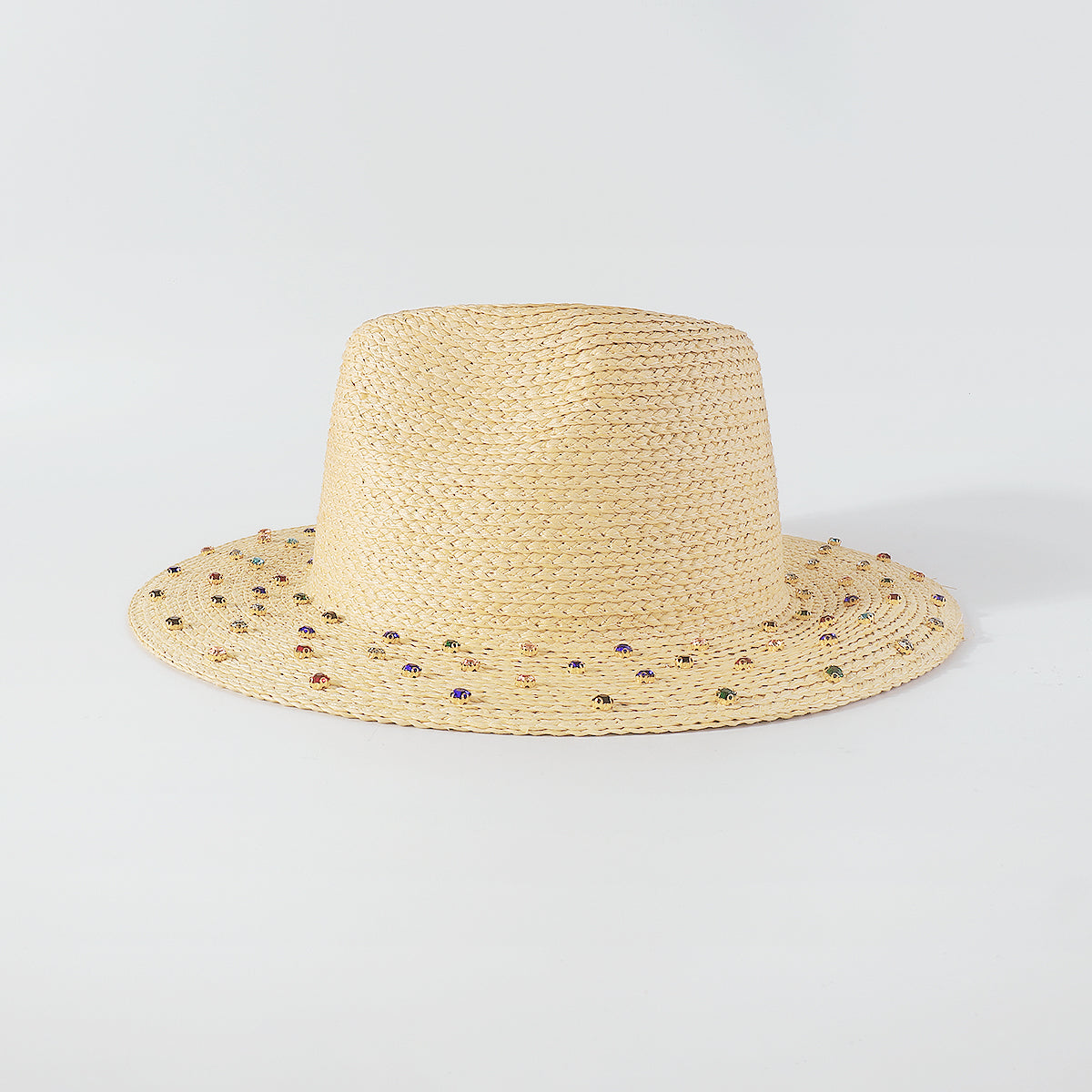 Q0212 Rainbow Rhinestone Brim Raffia Fedora Sun Hats