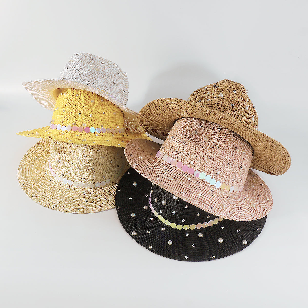Q0234 Full Rhinestone Pearls Raffia Fedora Sun Hat