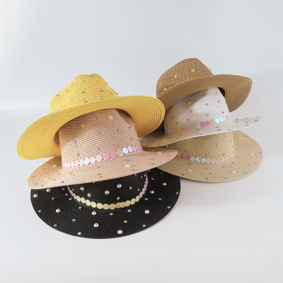 Q0234 Full Rhinestone Pearls Raffia Fedora Sun Hat