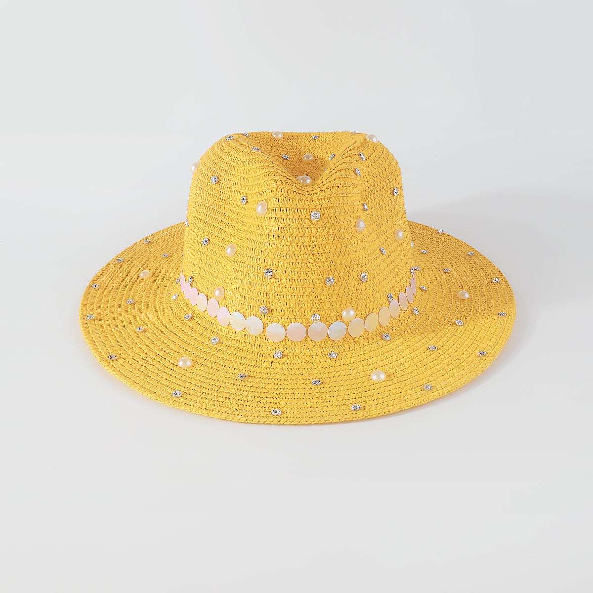Q0234 Full Rhinestone Pearls Raffia Fedora Sun Hat
