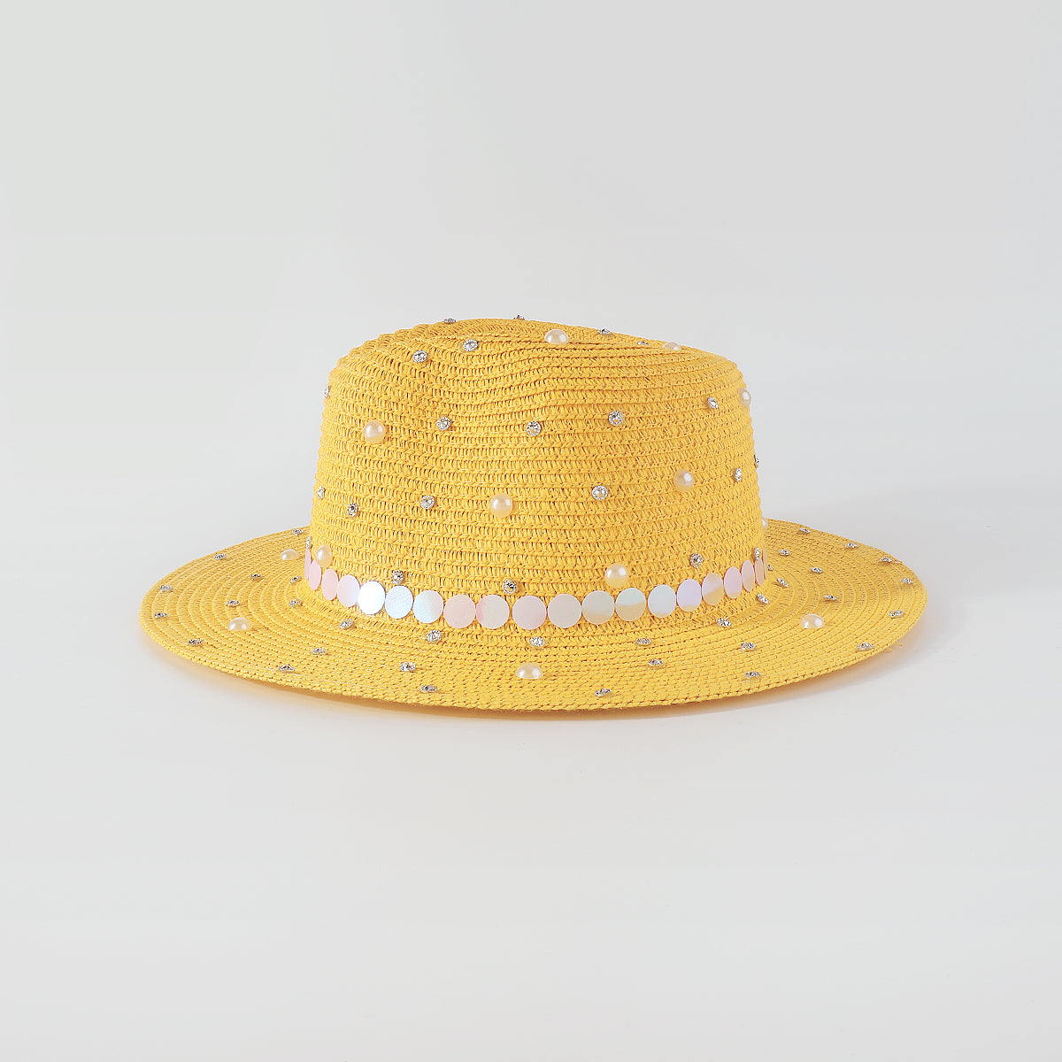 Q0234 Full Rhinestone Pearls Raffia Fedora Sun Hat