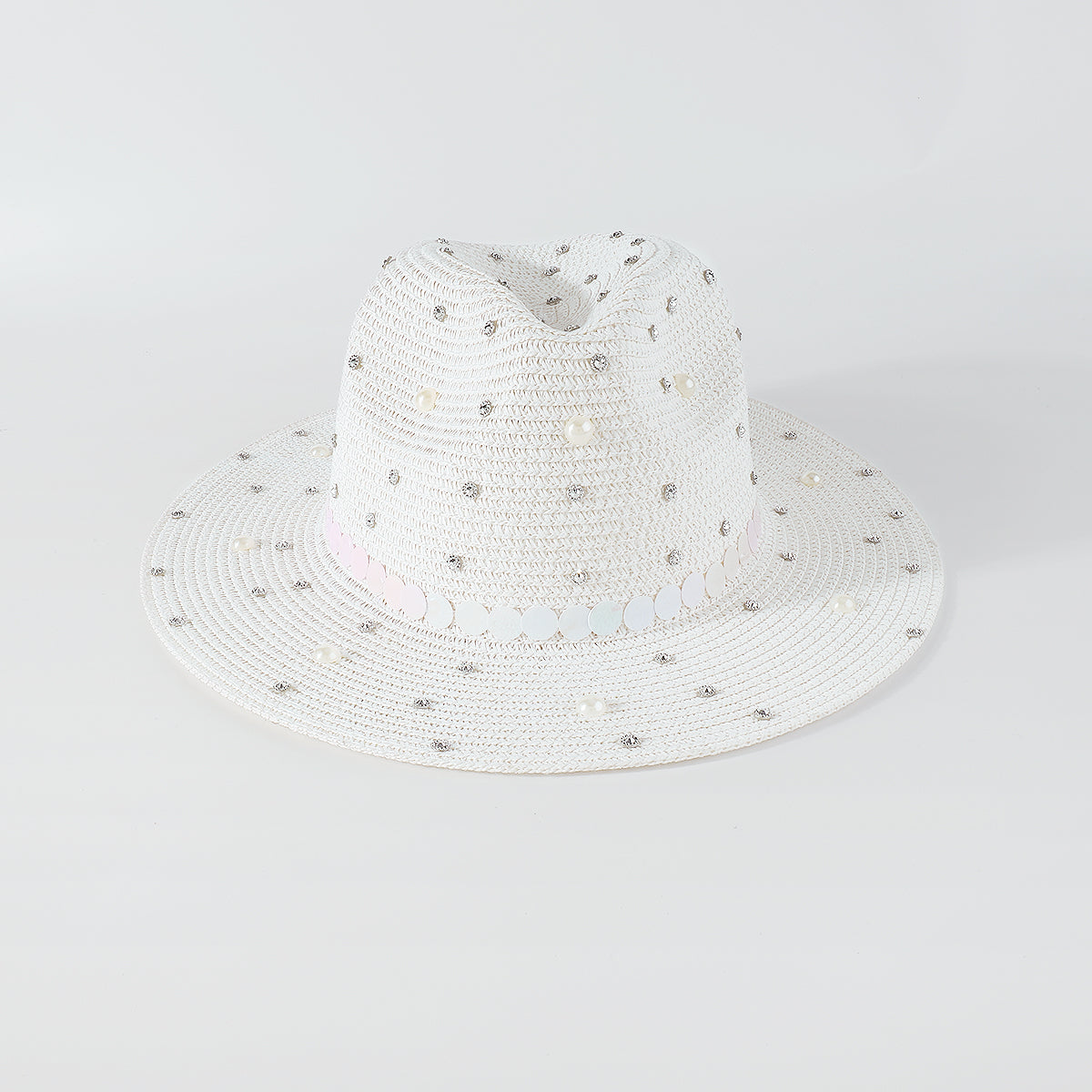Q0234 Full Rhinestone Pearls Raffia Fedora Sun Hat
