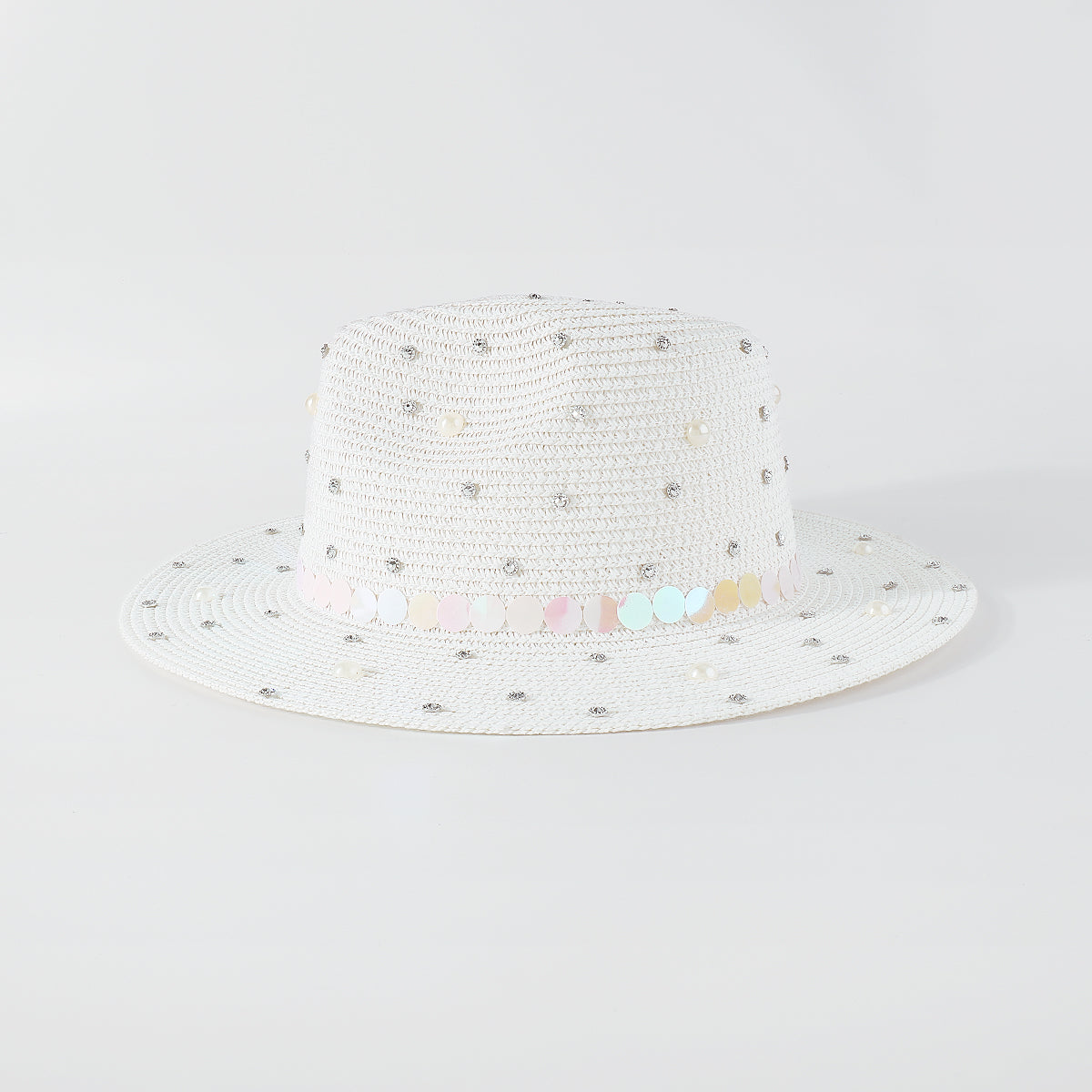 Q0234 Full Rhinestone Pearls Raffia Fedora Sun Hat