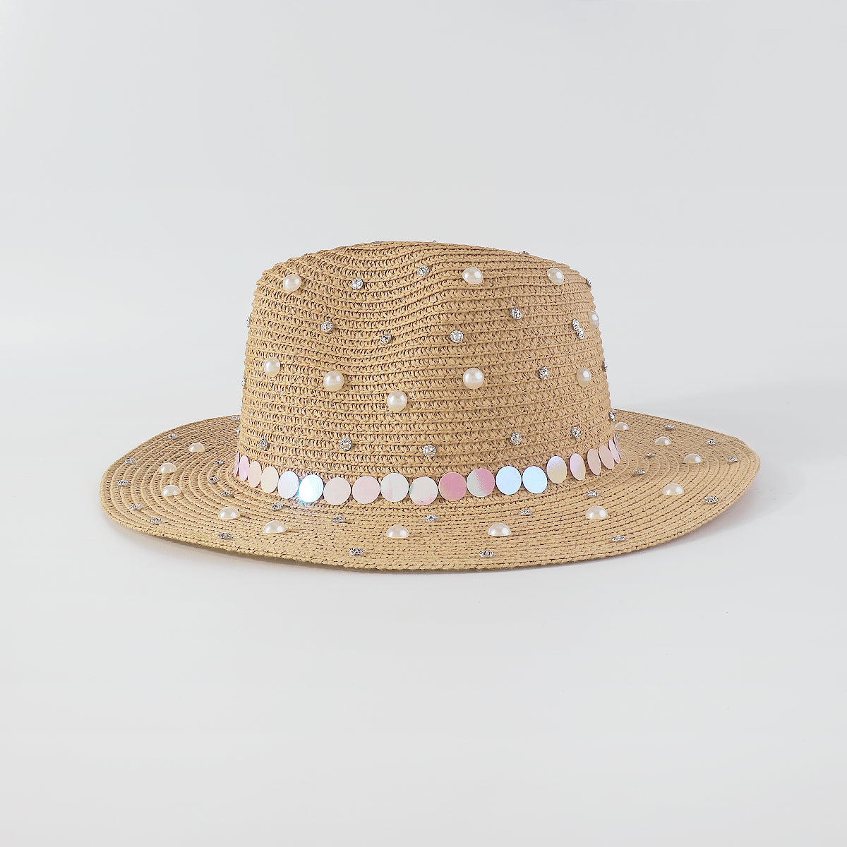 Q0234 Full Rhinestone Pearls Raffia Fedora Sun Hat