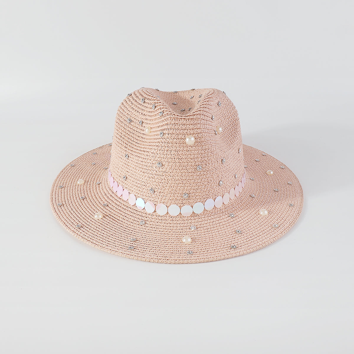 Q0234 Full Rhinestone Pearls Raffia Fedora Sun Hat