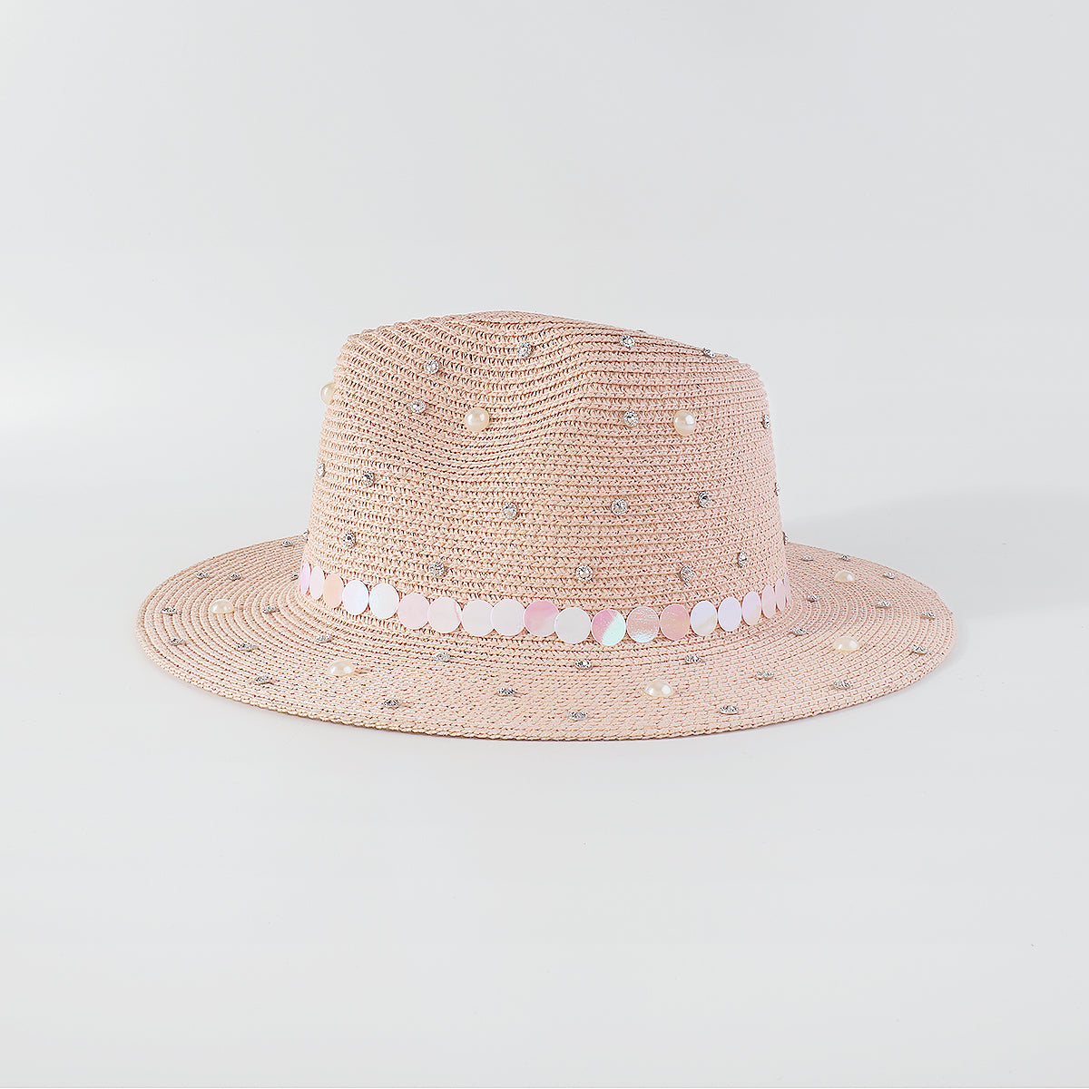Q0234 Full Rhinestone Pearls Raffia Fedora Sun Hat