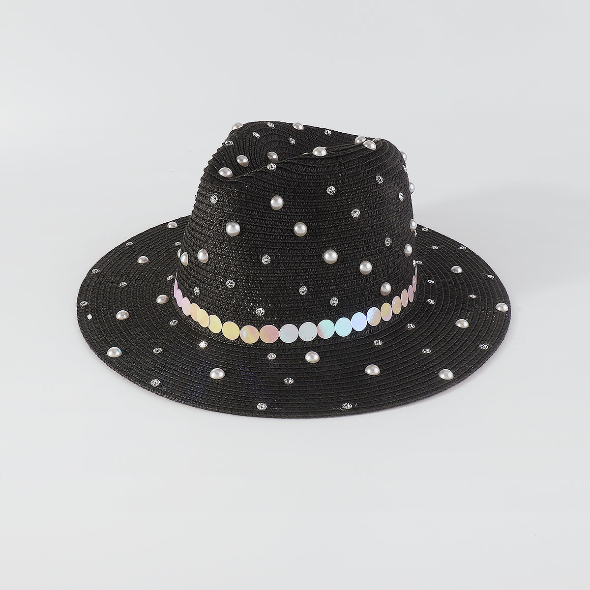 Q0234 Full Rhinestone Pearls Raffia Fedora Sun Hat