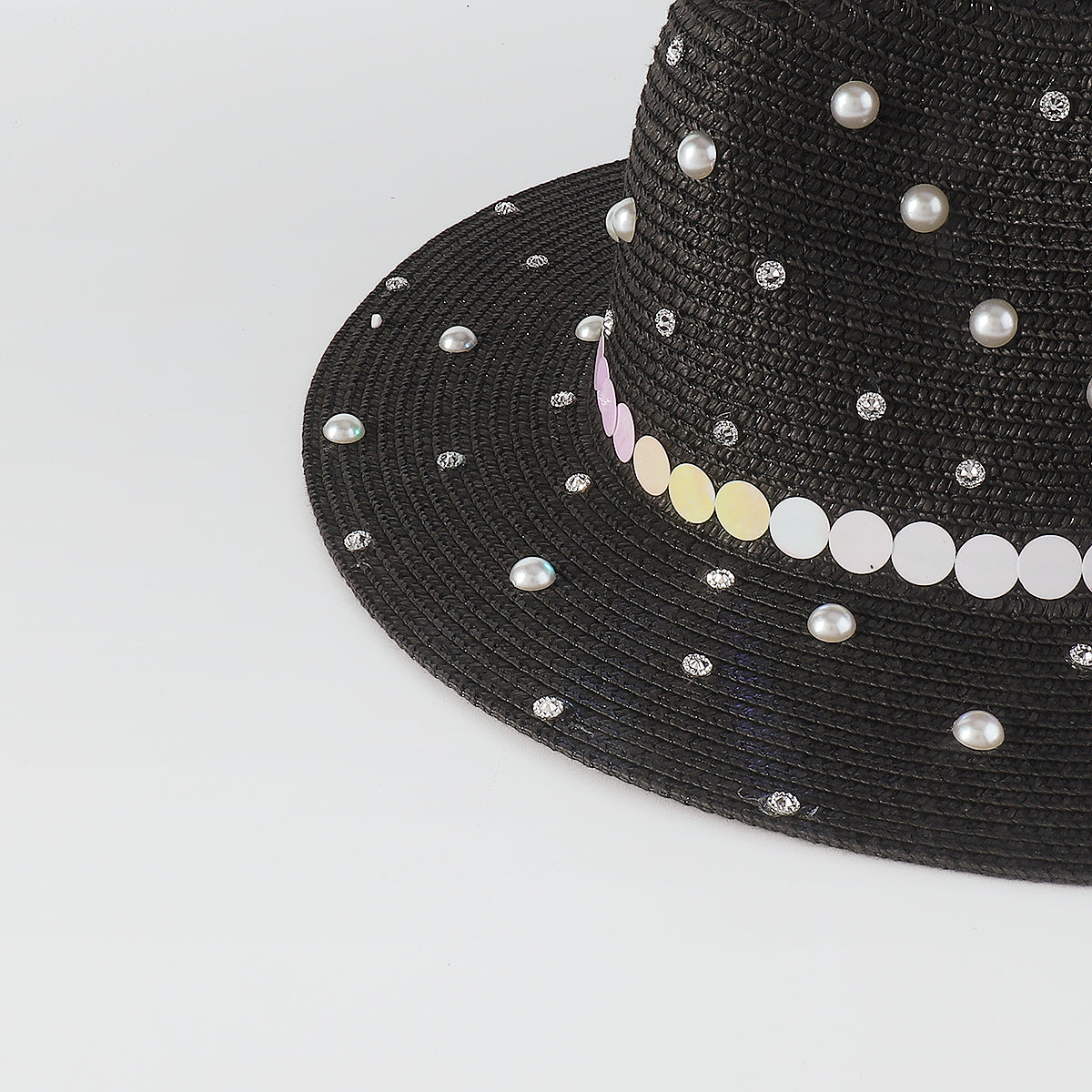 Q0234 Full Rhinestone Pearls Raffia Fedora Sun Hat