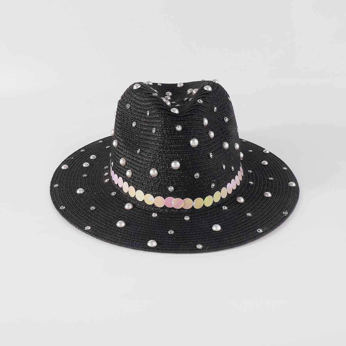 Q0234 Full Rhinestone Pearls Raffia Fedora Sun Hat