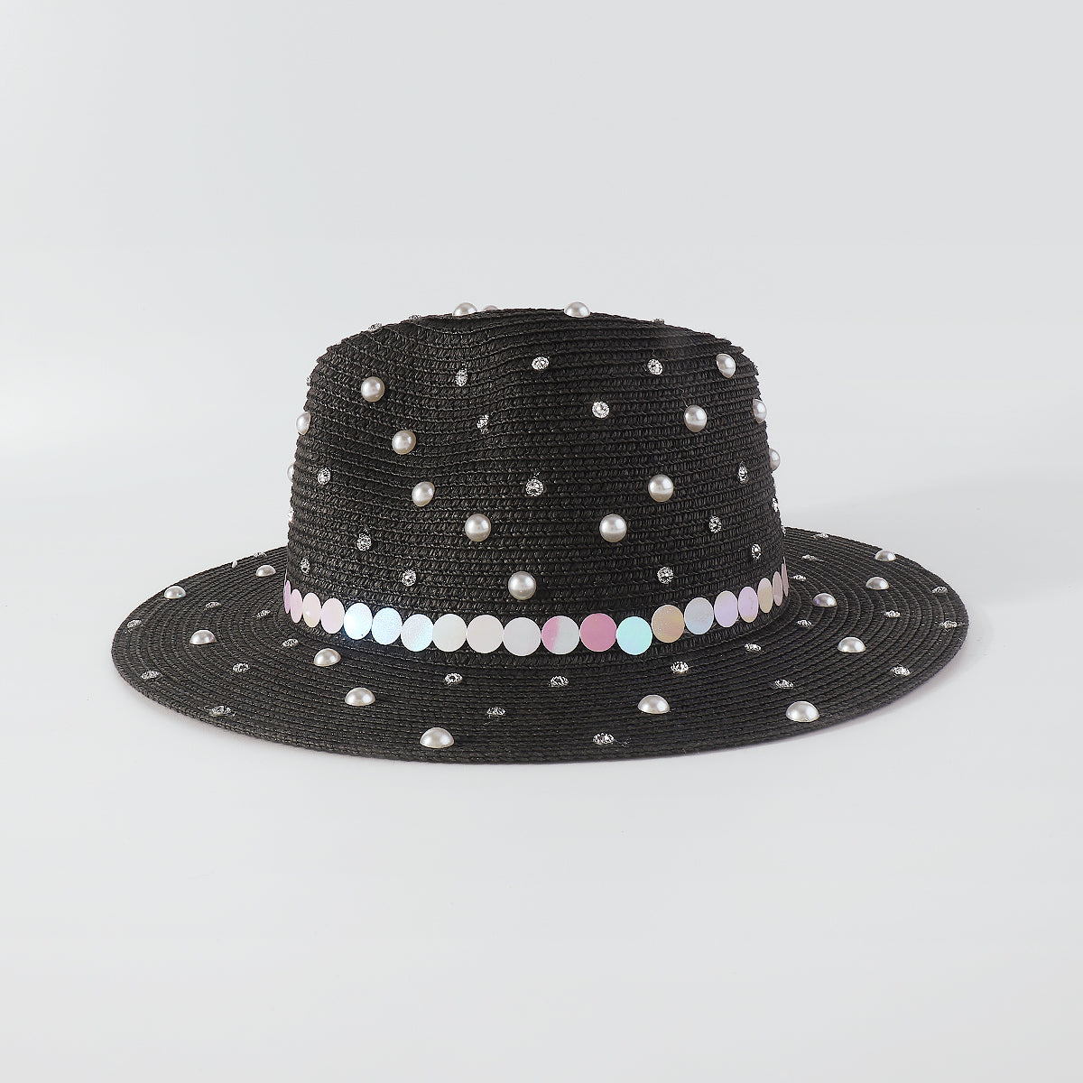 Q0234 Full Rhinestone Pearls Raffia Fedora Sun Hat