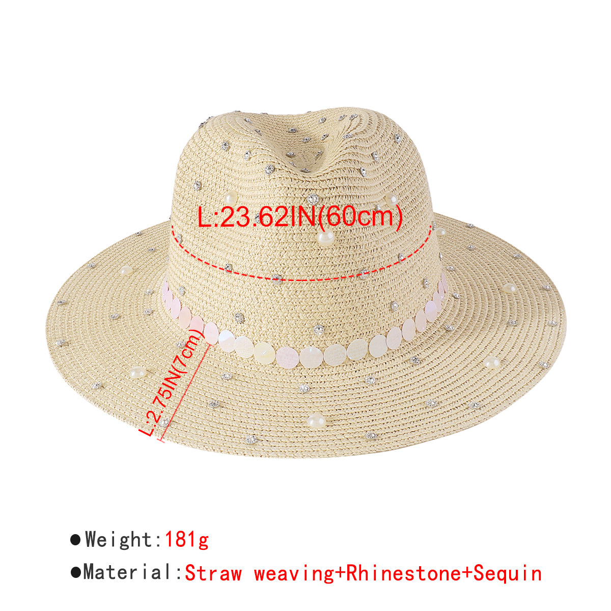 Q0234 Full Rhinestone Pearls Raffia Fedora Sun Hat