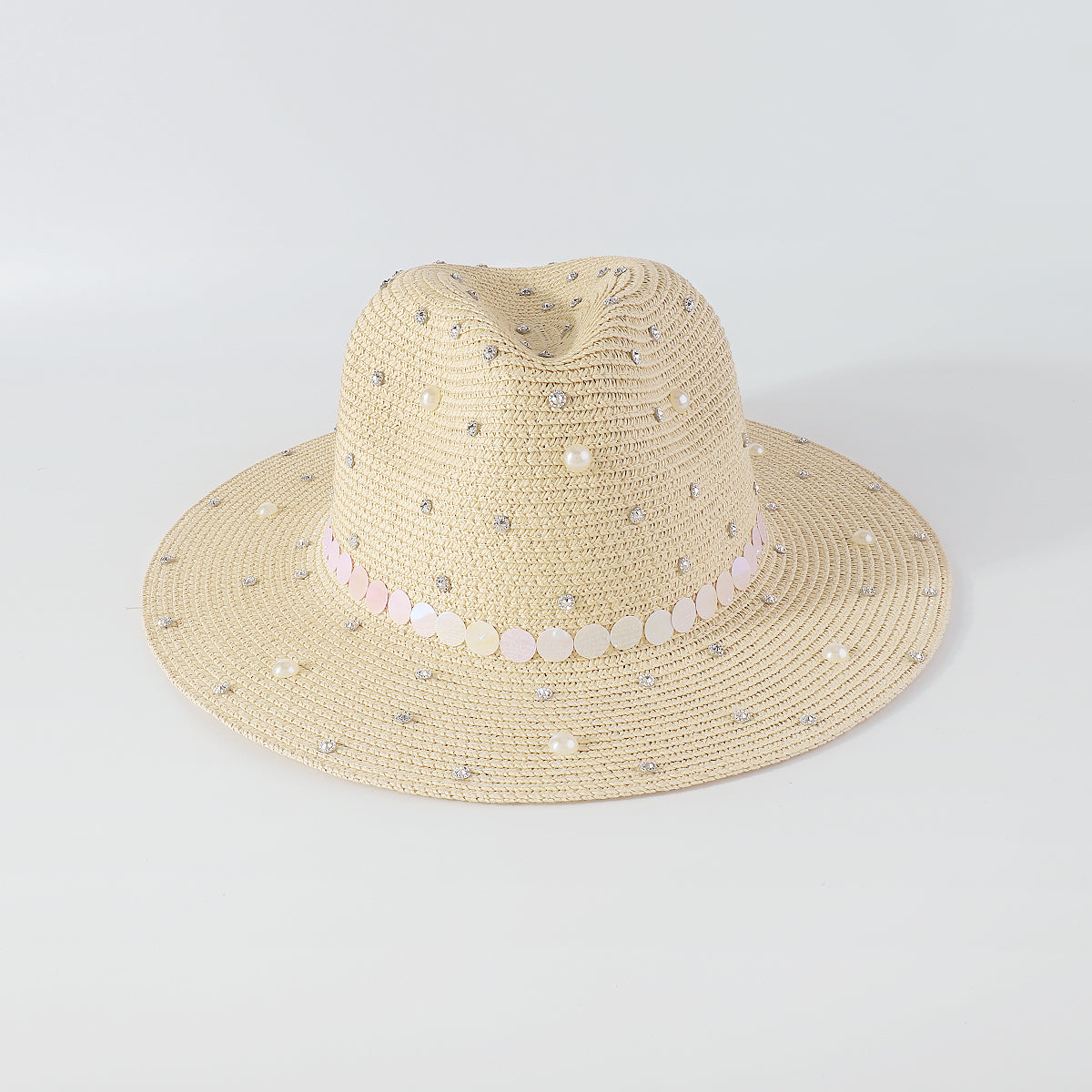 Q0234 Full Rhinestone Pearls Raffia Fedora Sun Hat