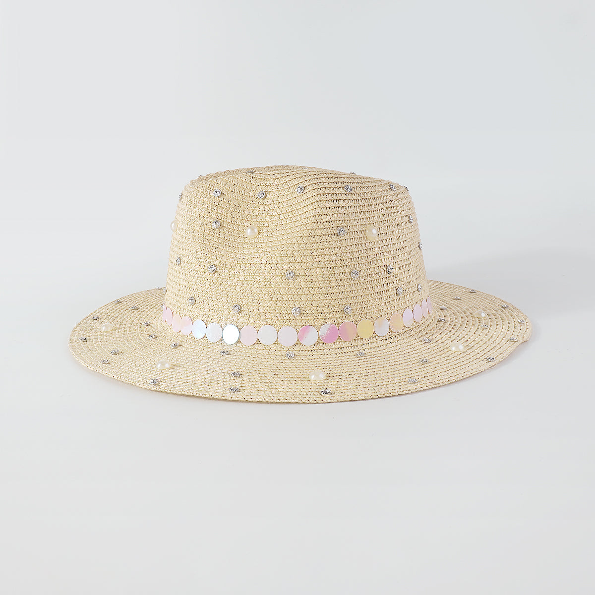 Q0234 Full Rhinestone Pearls Raffia Fedora Sun Hat