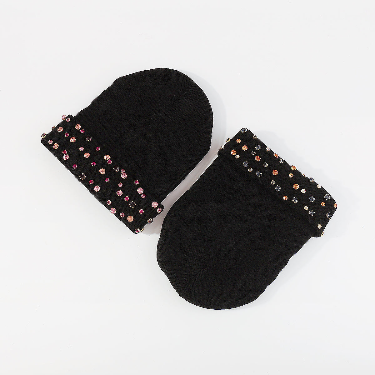 Q0292 Yellow & Pink Rhinestone Knitted Cuffed Beanie Hat