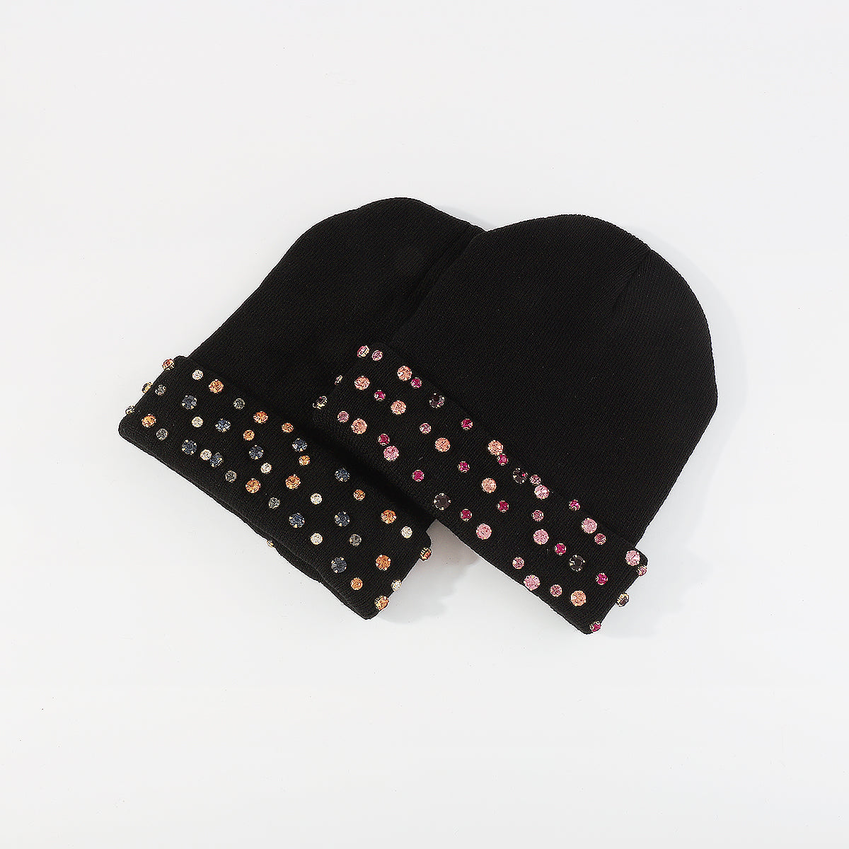 Q0292 Yellow & Pink Rhinestone Knitted Cuffed Beanie Hat