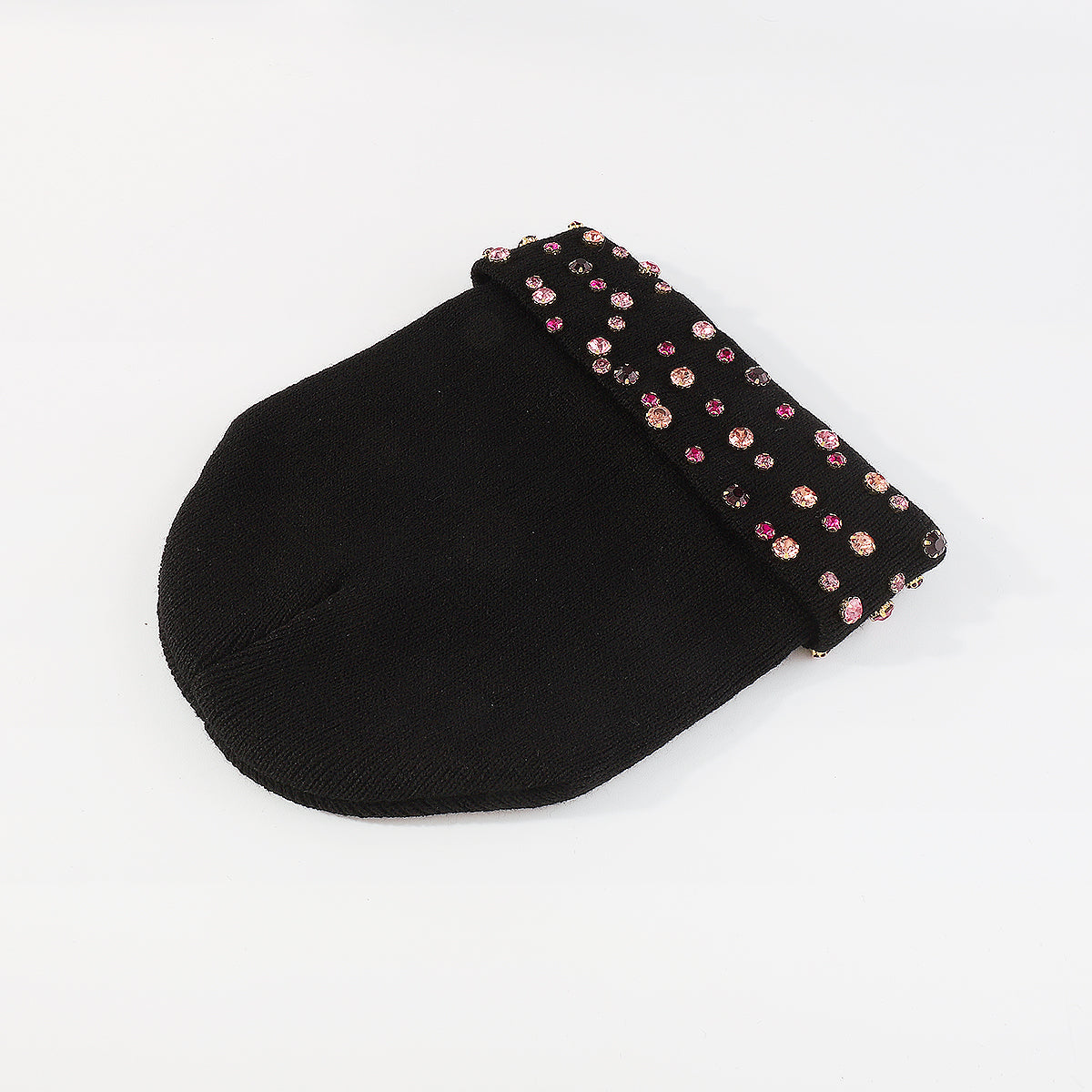 Q0292 Yellow & Pink Rhinestone Knitted Cuffed Beanie Hat