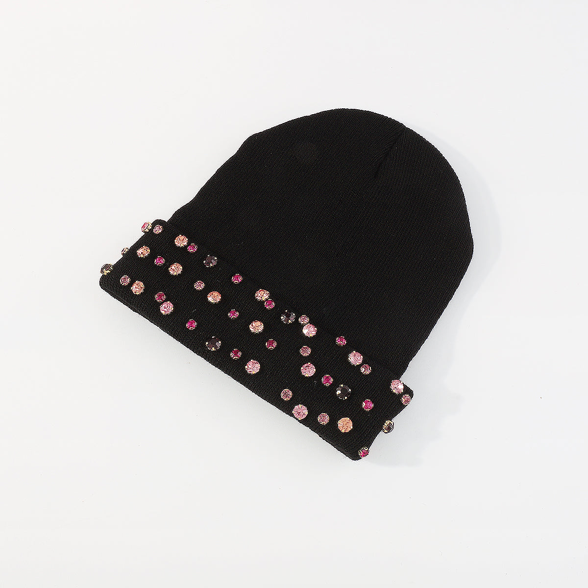Q0292 Yellow & Pink Rhinestone Knitted Cuffed Beanie Hat
