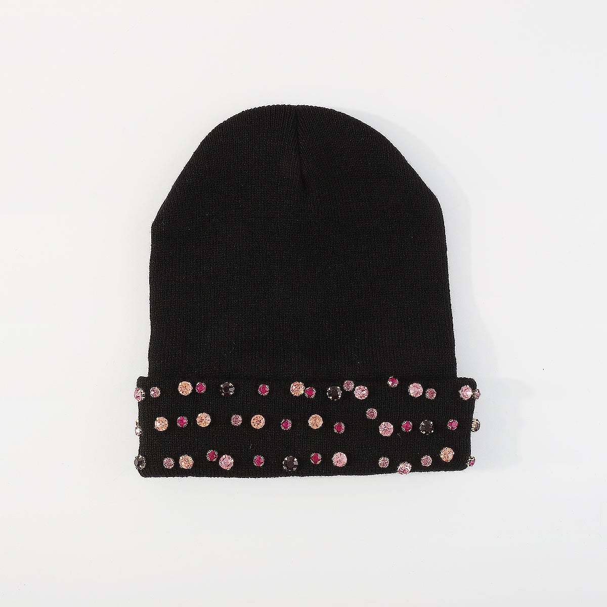 Q0292 Yellow & Pink Rhinestone Knitted Cuffed Beanie Hat