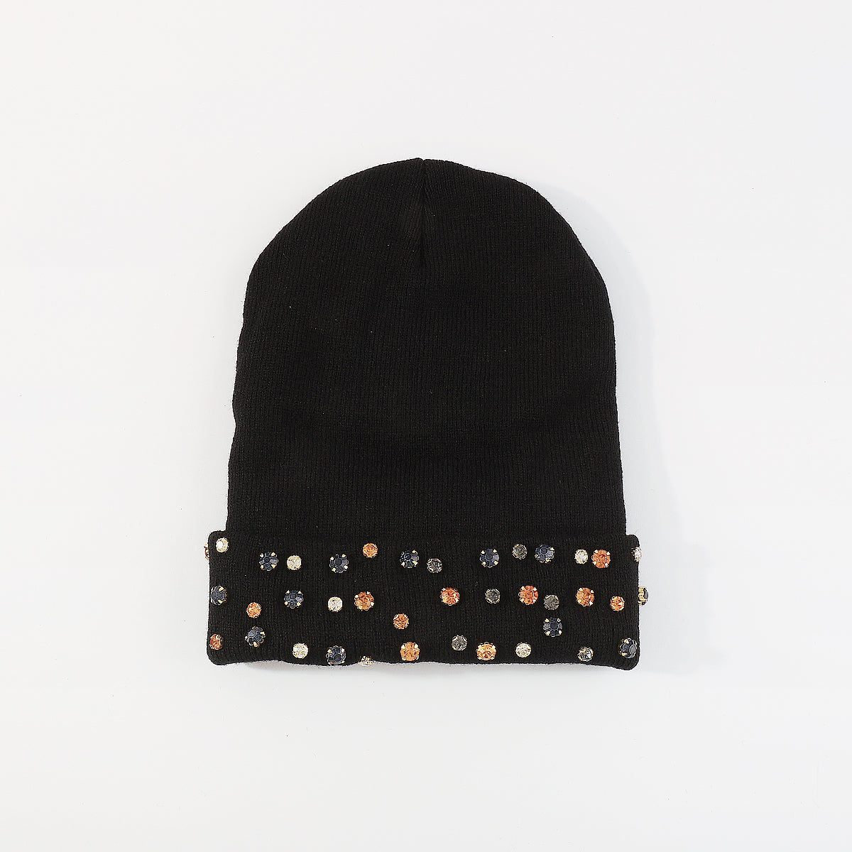 Q0292 Yellow & Pink Rhinestone Knitted Cuffed Beanie Hat