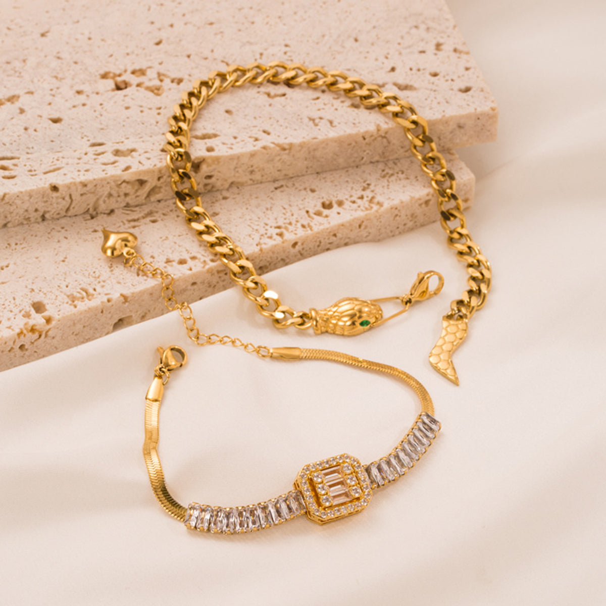 ZB0107 18K Stainless Steel Snake Square CZ Bracelet