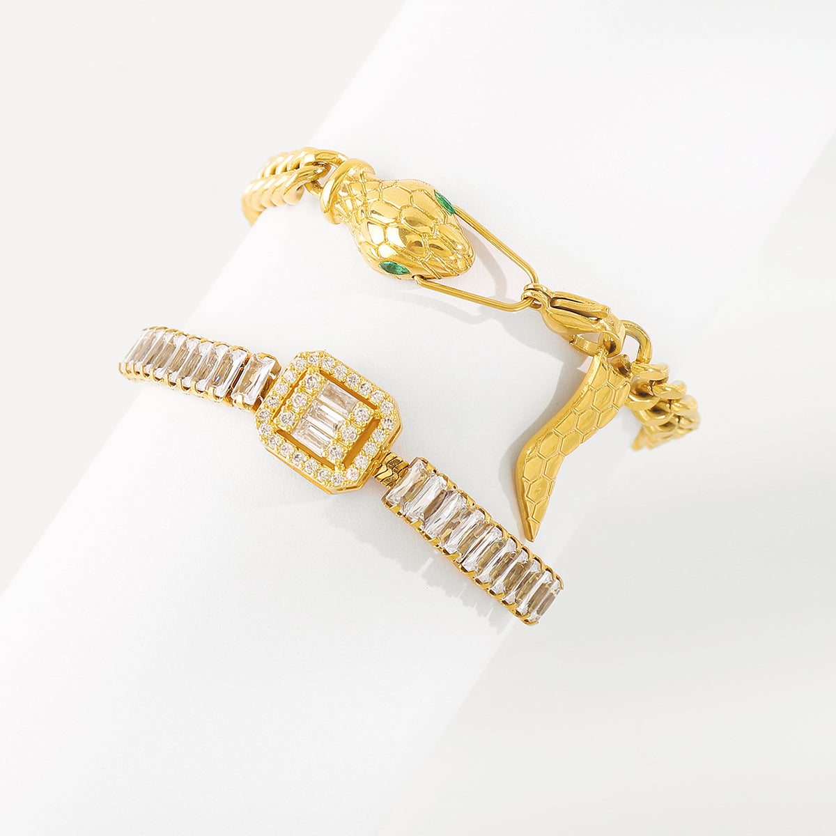 ZB0107 18K Stainless Steel Snake Square CZ Bracelet
