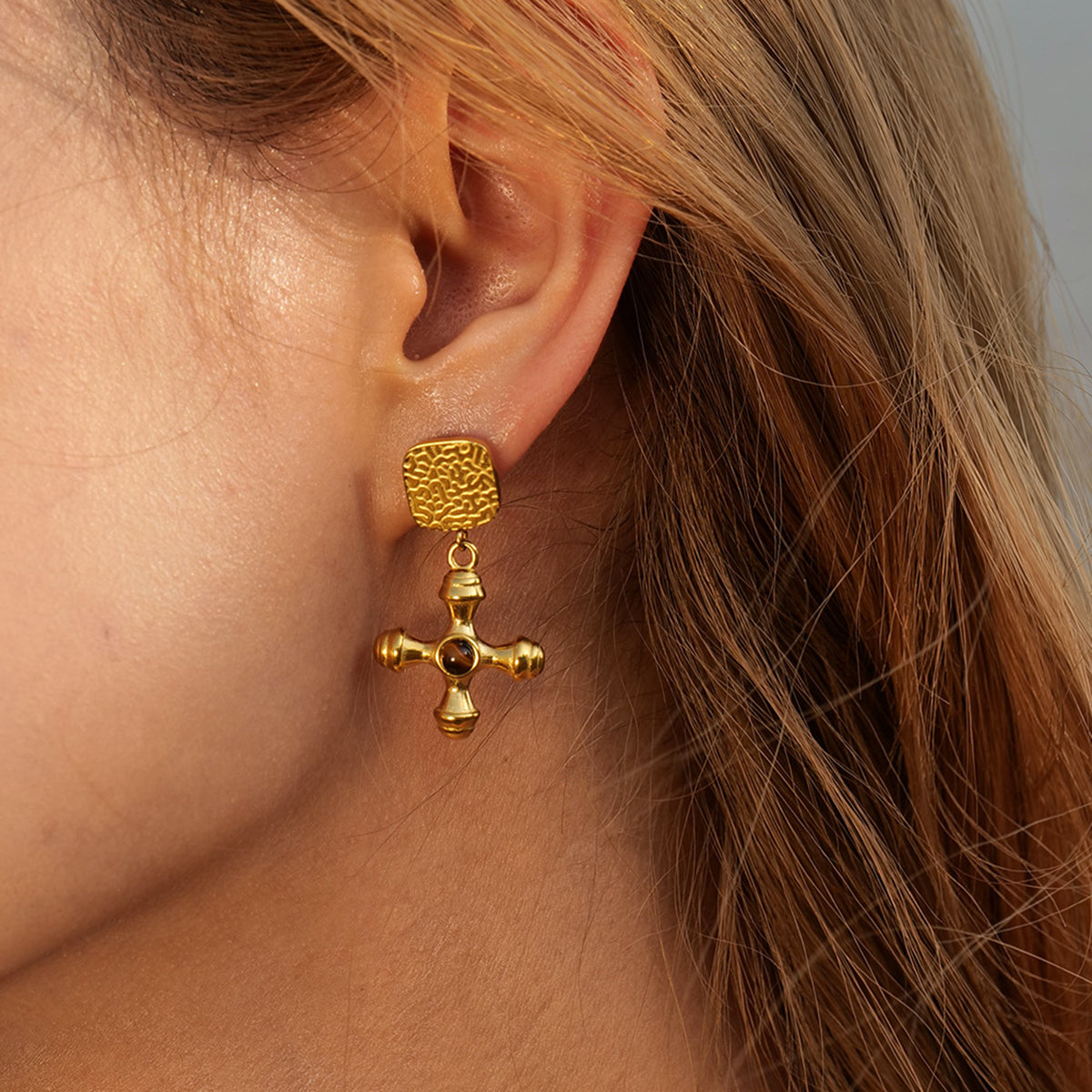 ZE0135 18K Tiger Eye Stone Cross Dangle Earrings