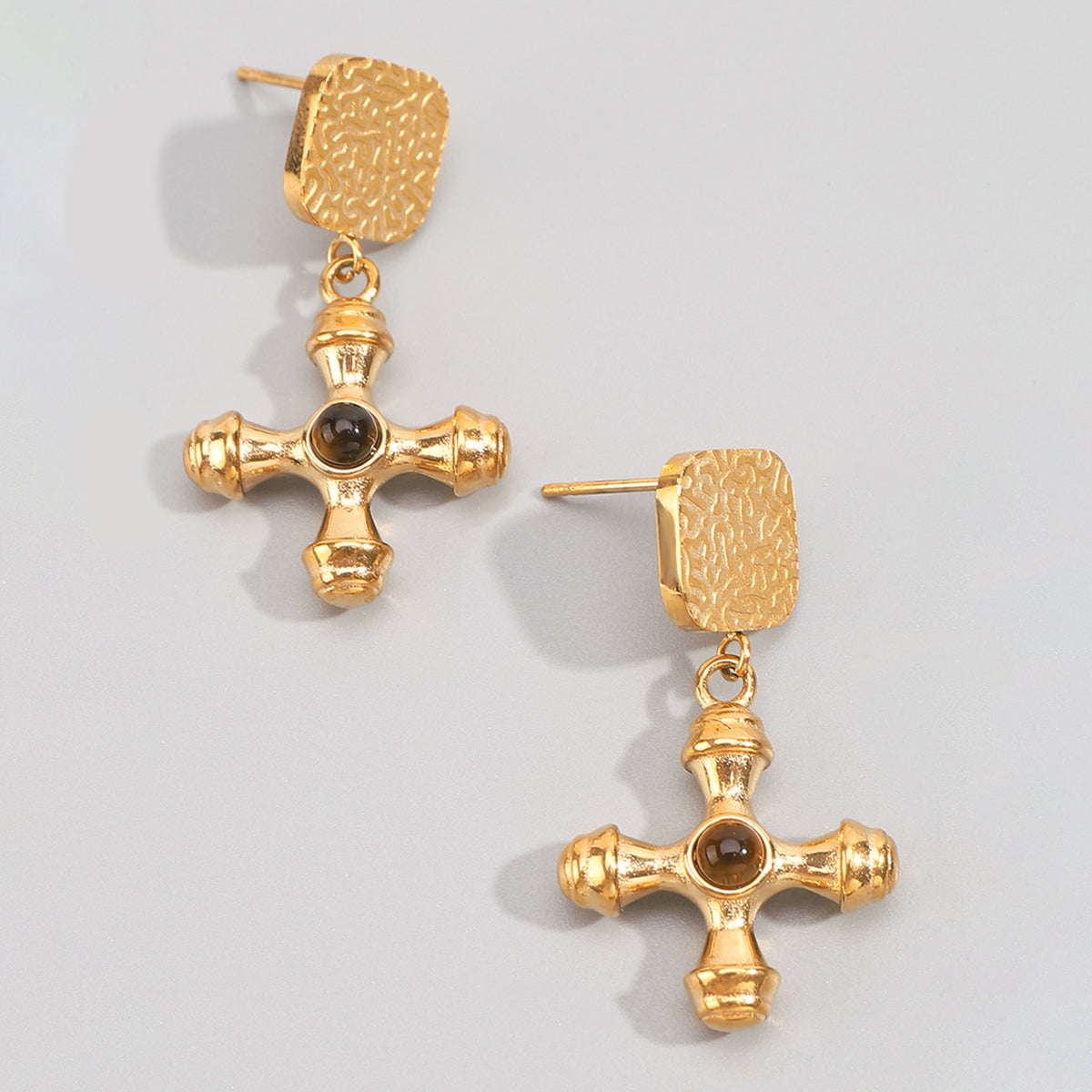 ZE0135 18K Tiger Eye Stone Cross Dangle Earrings
