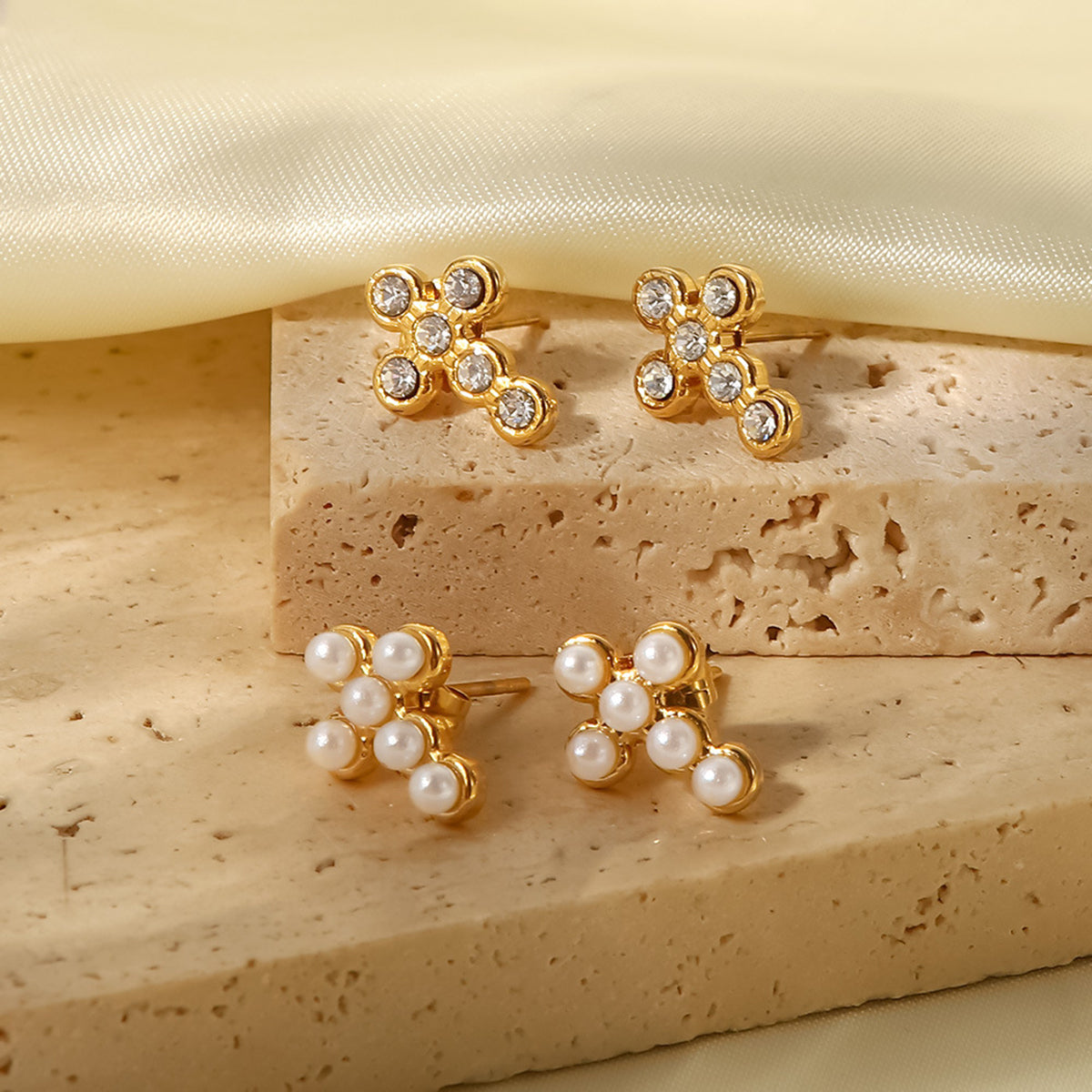 ZE0138 18K Gold Cross Crystal Pearl Dangle Earrings