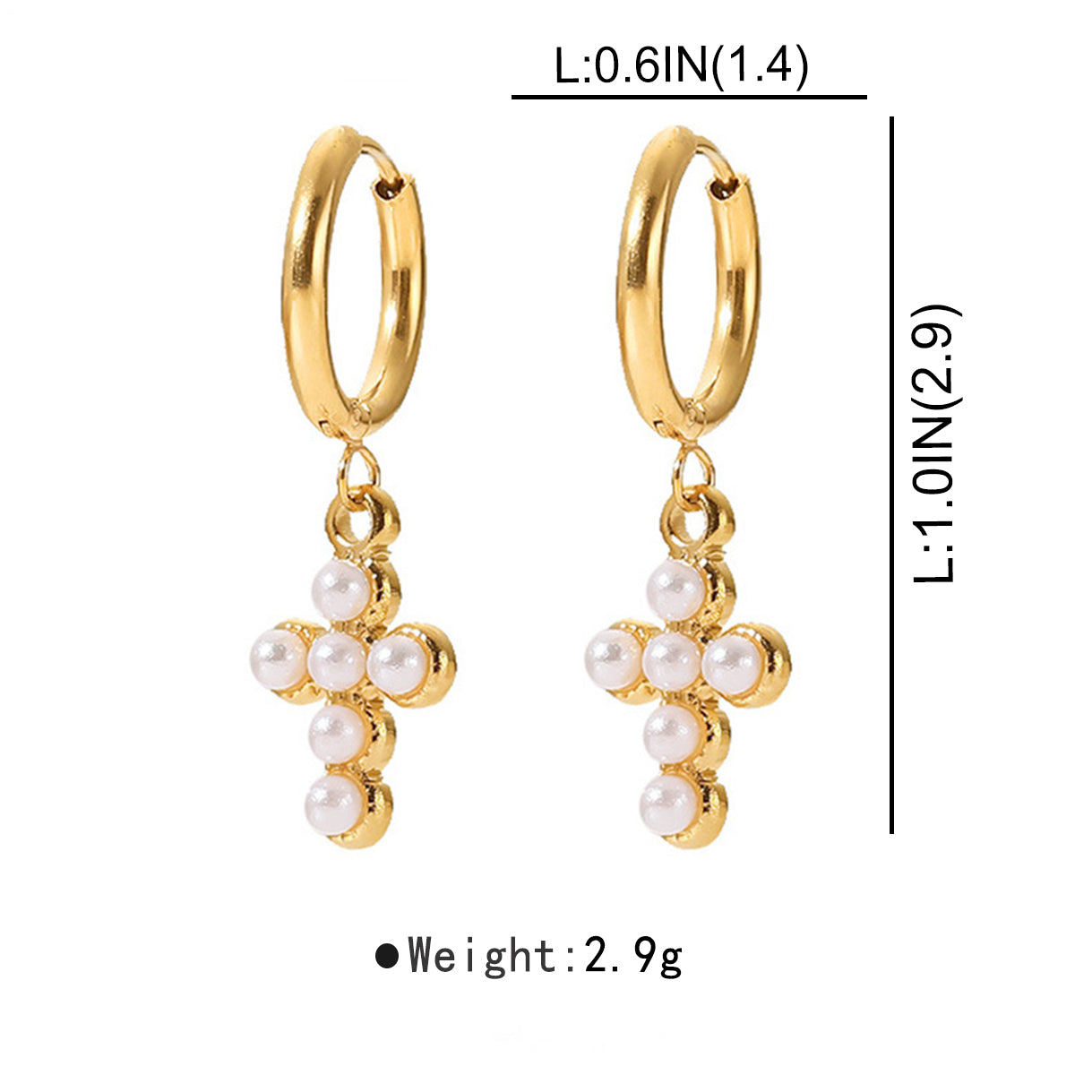 ZE0138 18K Gold Cross Crystal Pearl Dangle Earrings